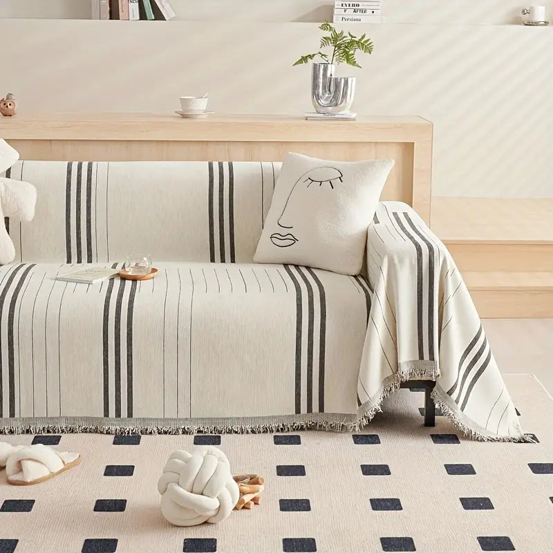 Soft Chenille Sofa Throw with Tassels and Washable Cover