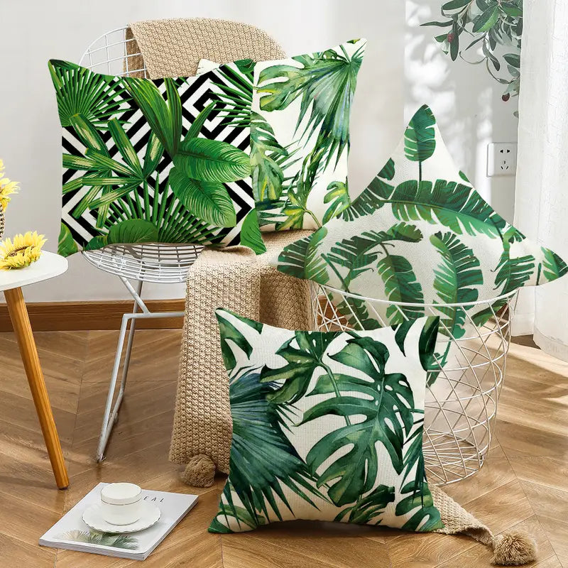Tropical Palm Leaves Cotton Linen Pillow Cover 18x18"