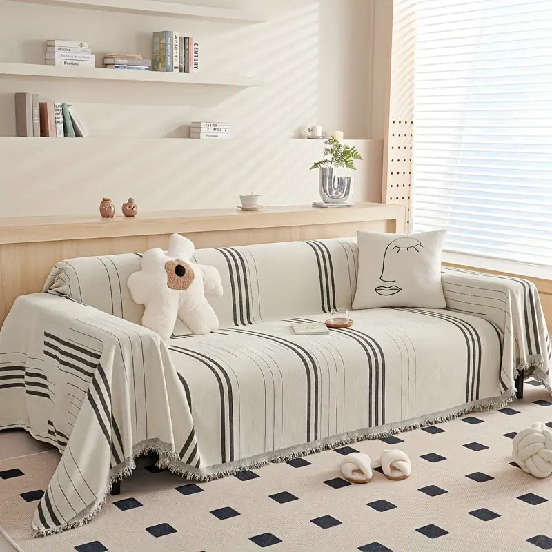 Soft Chenille Sofa Throw with Tassels and Washable Cover